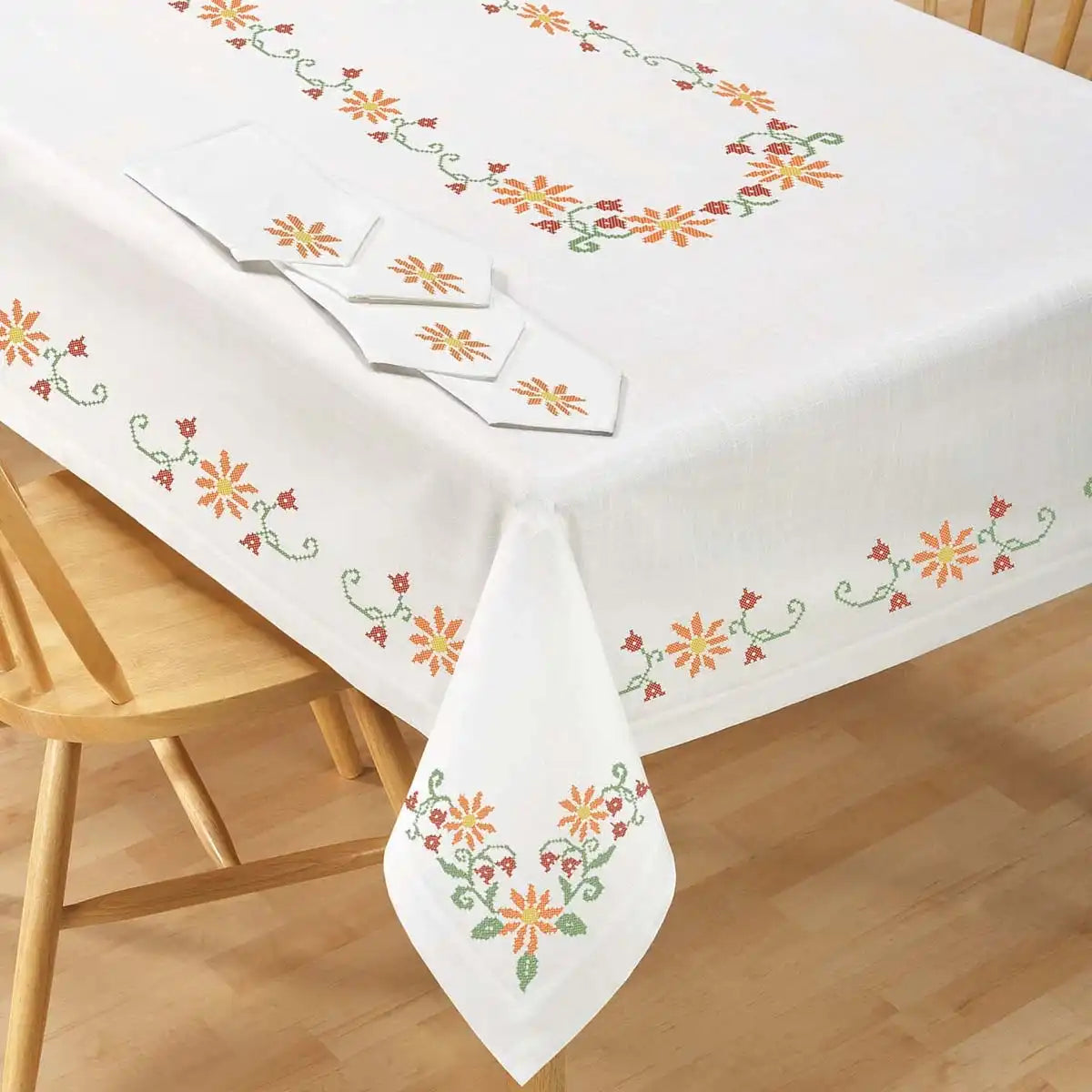 Village Linens Trinity Floral Tablecloth Stamped Cross-Stitch