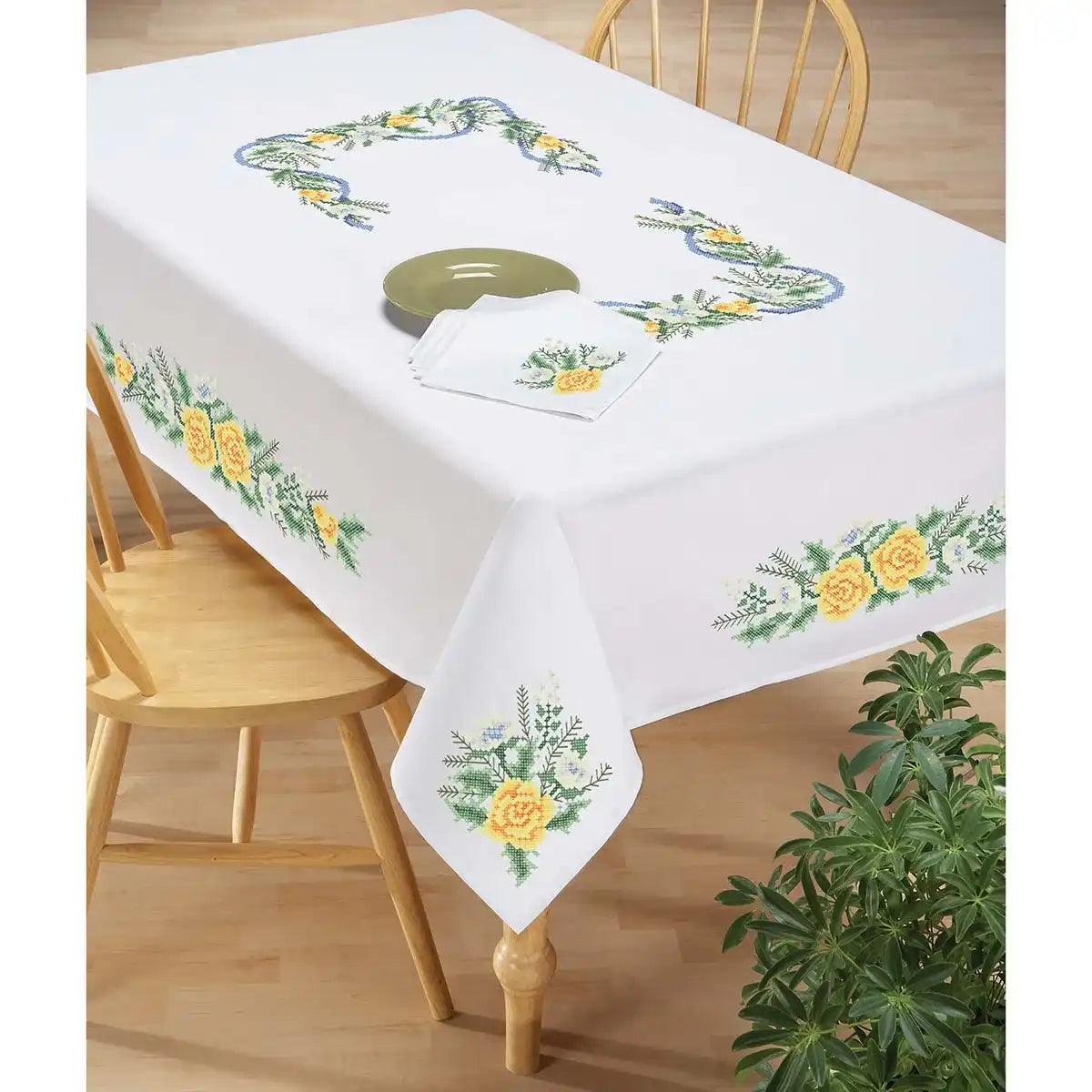 Herrschners Sunshine Roses Table Linens Stamped Cross-Stitch