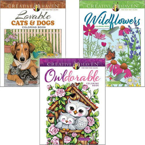Dover Owldorable, Cats & Dogs & Wildflowers, Set of 3 Coloring Book